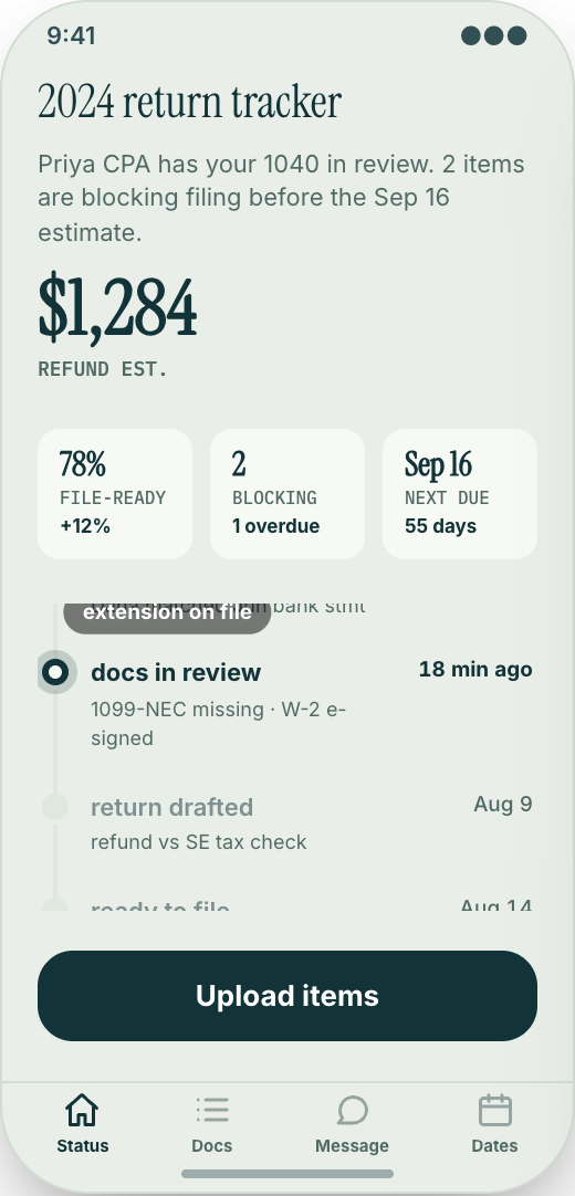 Accounting Firm & Tax Practice prototype showing Return Tracker
