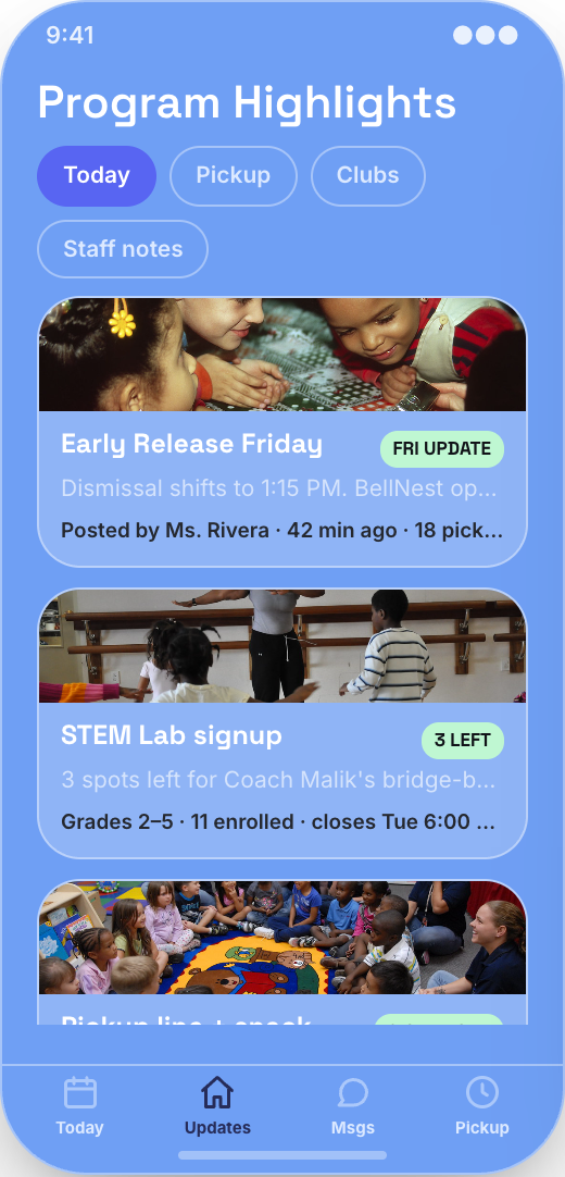 After-School Program prototype showing Pickup Plan