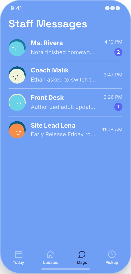 After-School Program prototype showing Authorized pickup notes