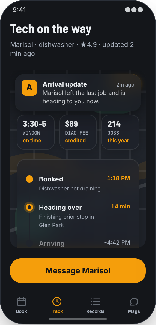 Appliance Repair Service prototype showing Appliance-specific repair requests