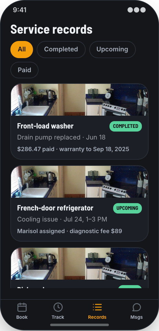 Appliance Repair Service prototype showing Visit Status