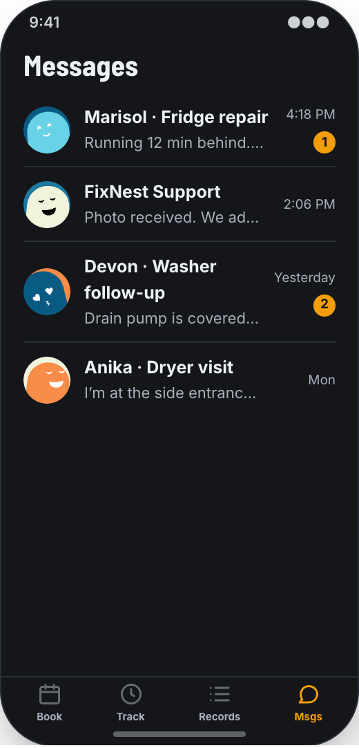 Appliance Repair Service prototype screen showing Messages