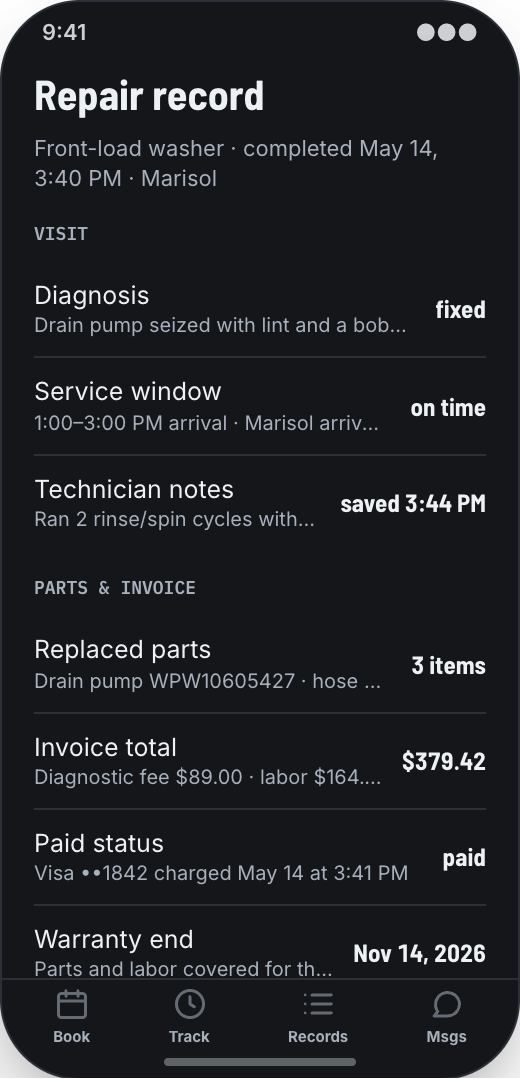Appliance Repair Service prototype screen showing Service Records