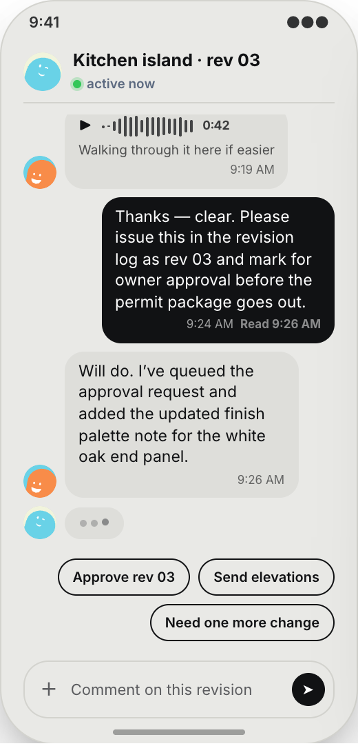 Architecture Firm prototype screen showing Revision Thread