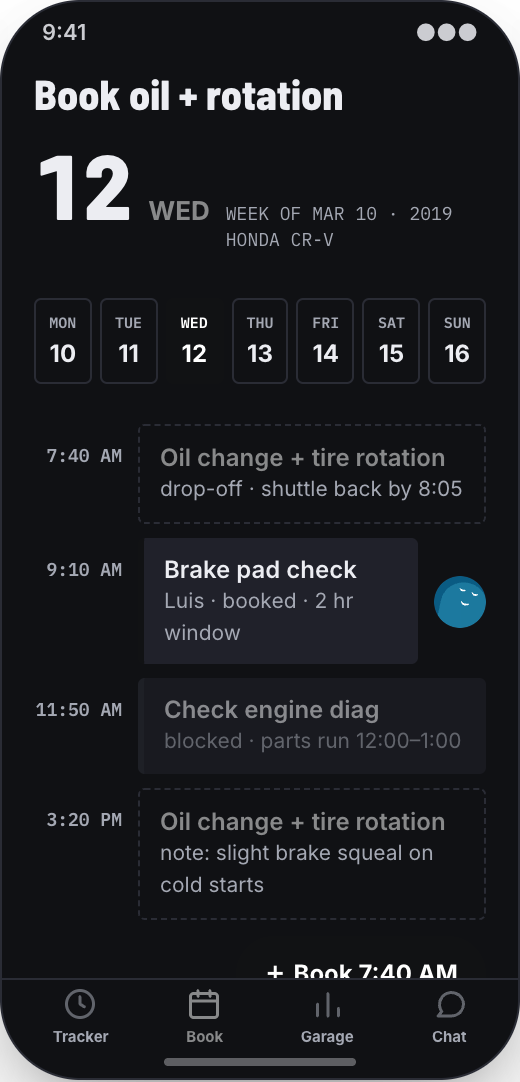 Auto Repair Shop prototype showing Book Service