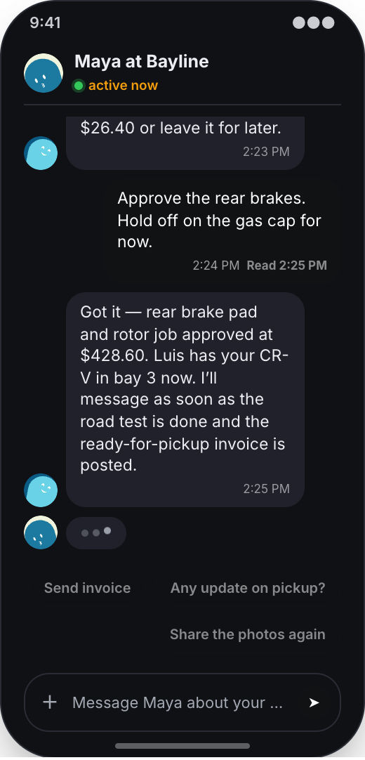 Auto Repair Shop prototype screen showing Ready time updates