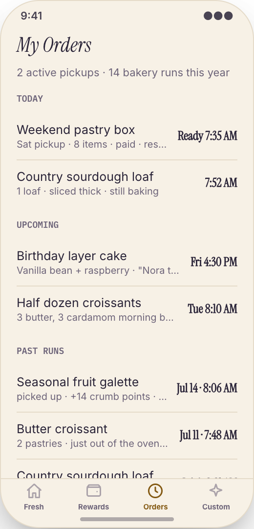 Bakery & Pastry Shop prototype showing Low-stock callouts