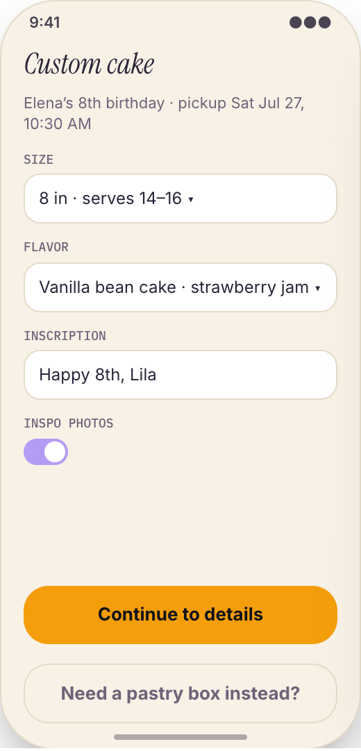 Bakery & Pastry Shop prototype screen showing My Orders