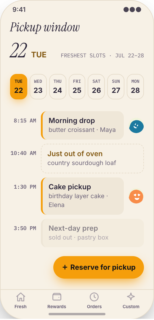 Bakery & Pastry Shop prototype screen showing Custom Cake requests