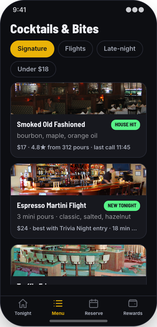 Bar & Cocktail Lounge prototype showing Cocktails & Bites