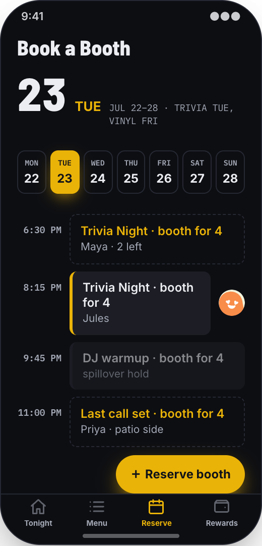 Bar & Cocktail Lounge prototype showing Book a Booth