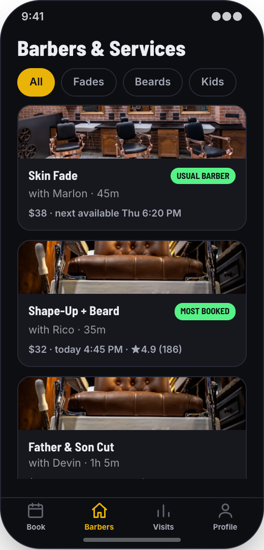 Barbershop prototype showing Barbers & Services