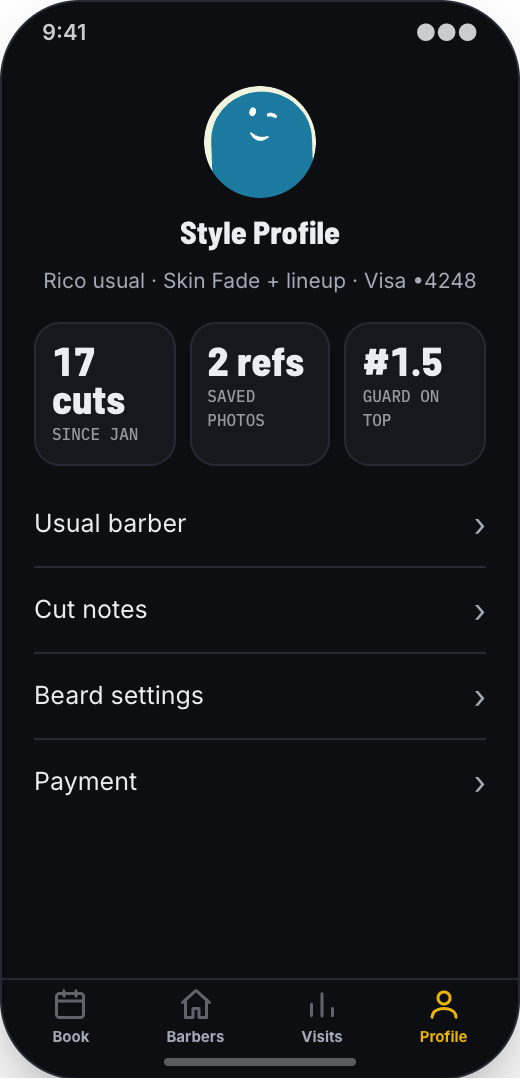 Barbershop prototype screen showing Visit details