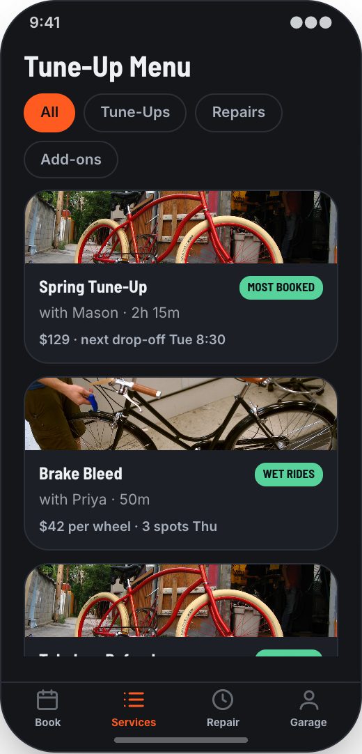 Bike Shop & Bicycle Repair prototype showing Tune-Up Menu