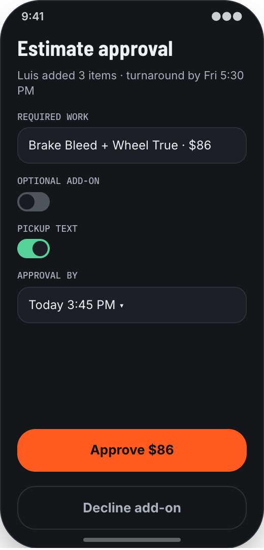 Bike Shop & Bicycle Repair prototype screen showing Estimate Approval