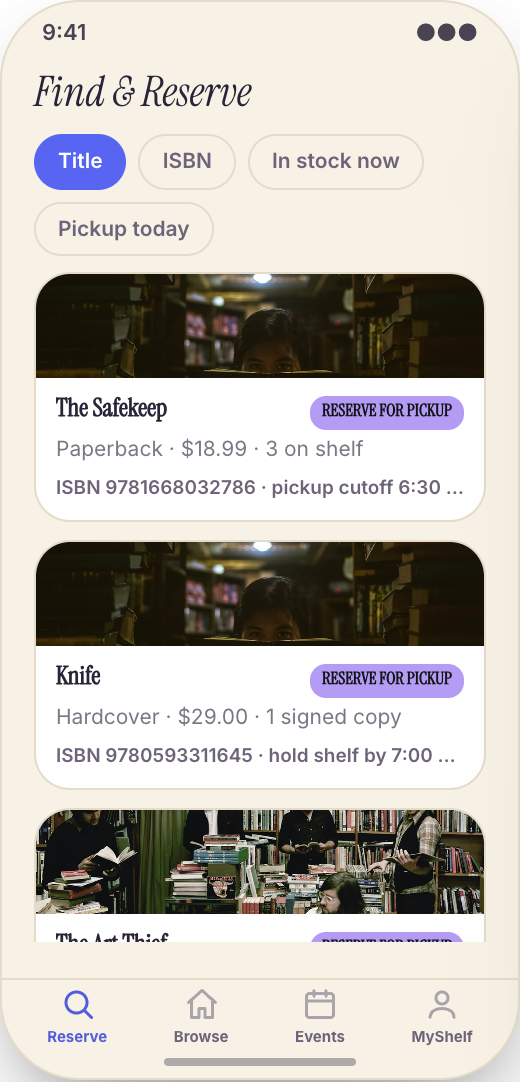 Independent Bookstore prototype showing Title and ISBN search