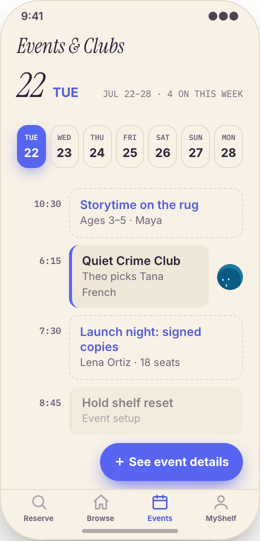 Independent Bookstore prototype showing Format, price, and pickup timing