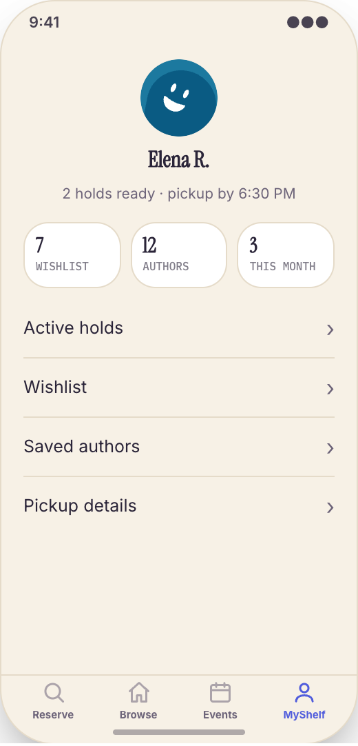 Independent Bookstore prototype screen showing Browse Shelves