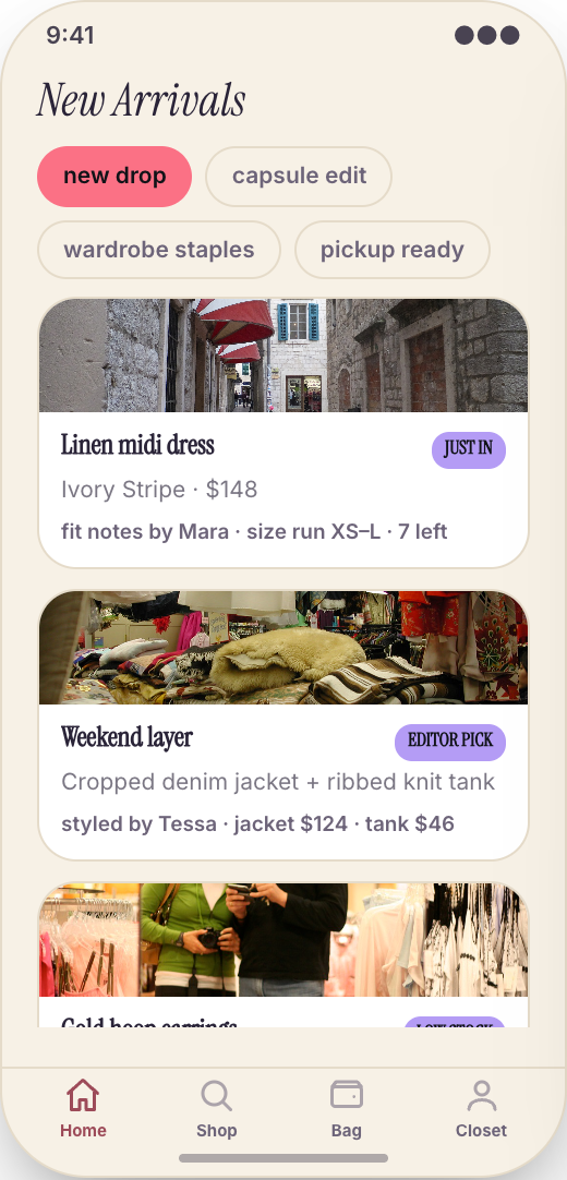 Boutique Clothing Store prototype showing New Arrivals