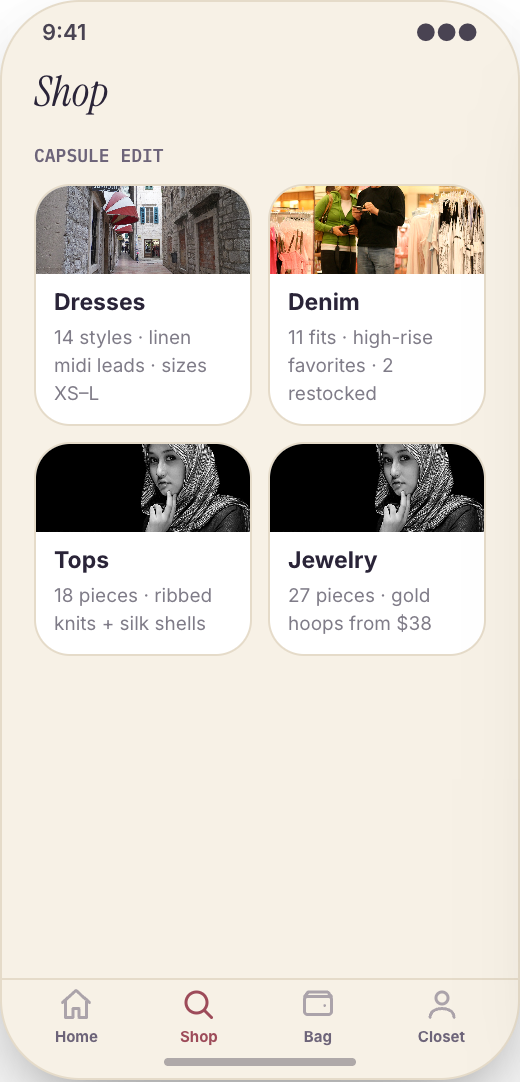 Boutique Clothing Store prototype showing Shop Collections