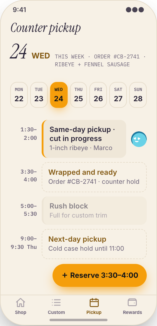 Butcher Shop prototype showing Pickup Slot booking
