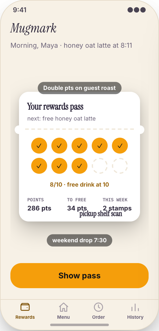Cafe & Coffee Shop prototype showing Rewards Pass