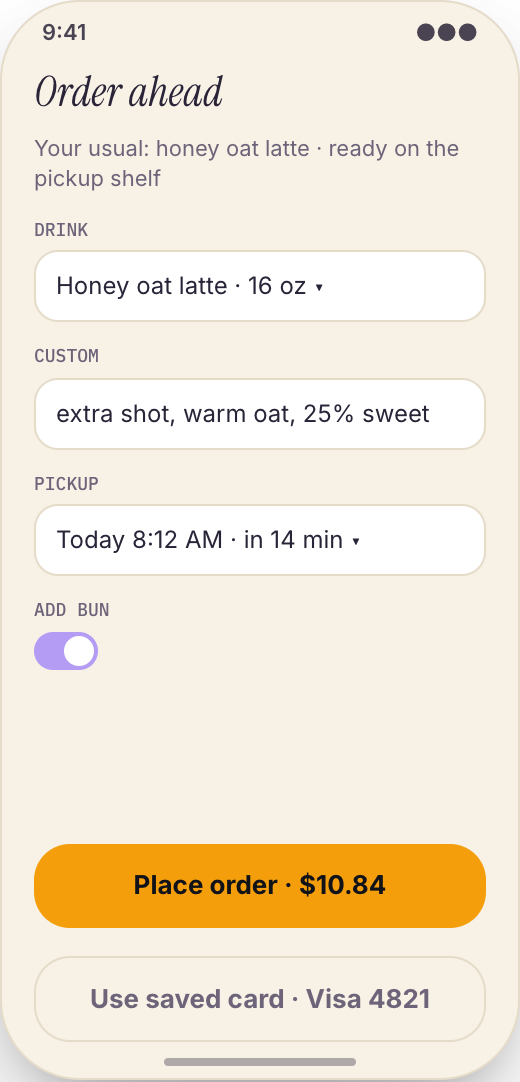 Cafe & Coffee Shop prototype showing Order Ahead