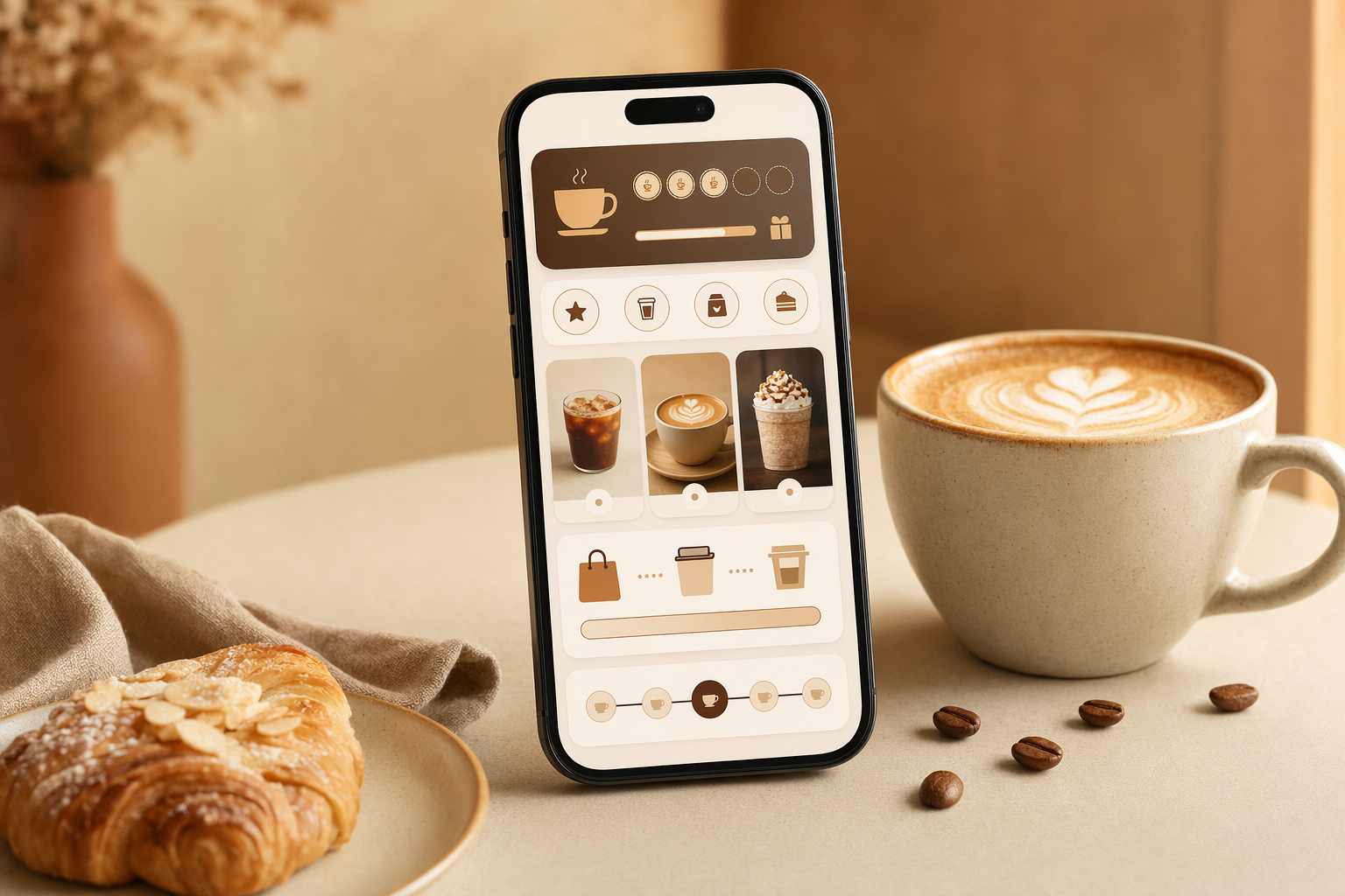 Cafe rewards app shown on a phone beside coffee and a pastry