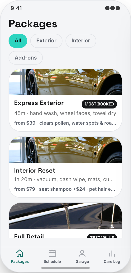 Car Detailing prototype showing Packages screen