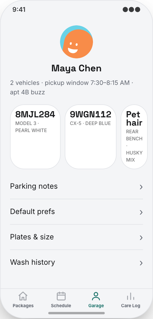 Car Detailing prototype showing Schedule screen