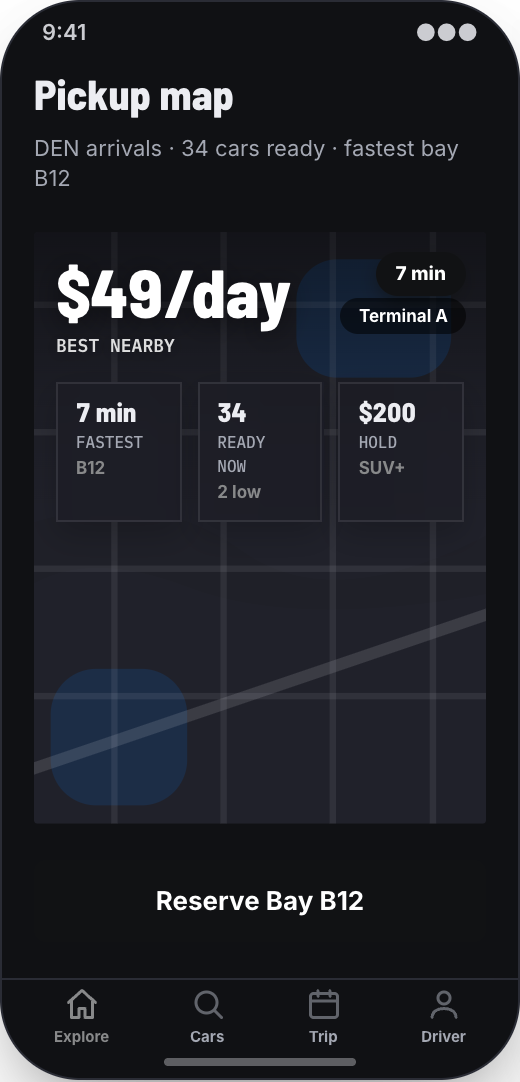 Car Rental Company prototype showing Pickup Map