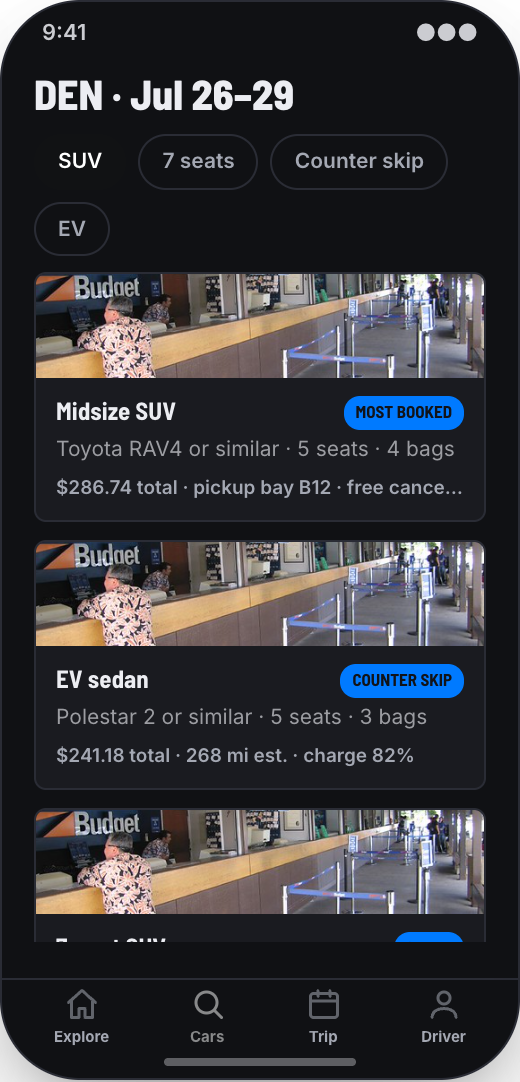 Car Rental Company prototype showing Live Fleet