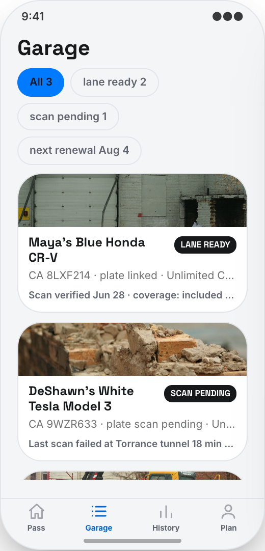 Car Wash Membership App prototype showing Garage