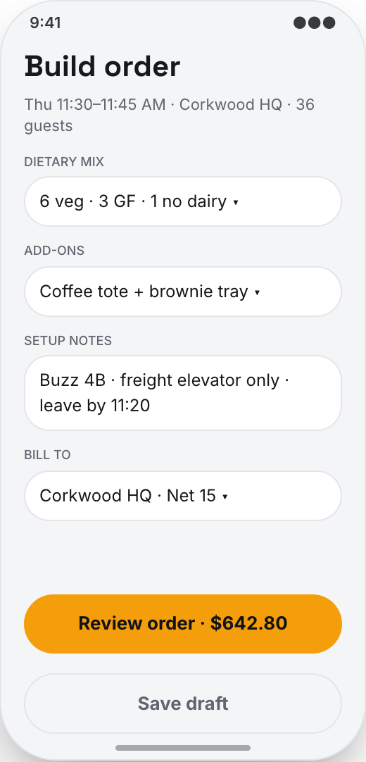 Office Catering Company prototype showing Compare by per-head price and lead time