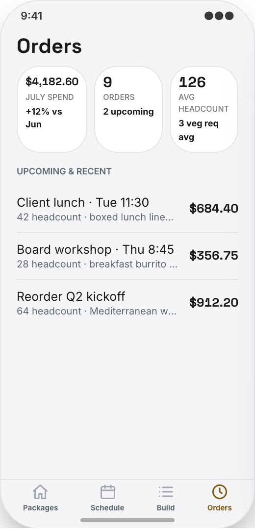 Office Catering Company prototype screen showing Dietary count matching