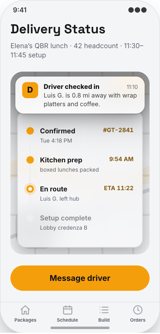 Office Catering Company prototype screen showing Menus & Add-ons