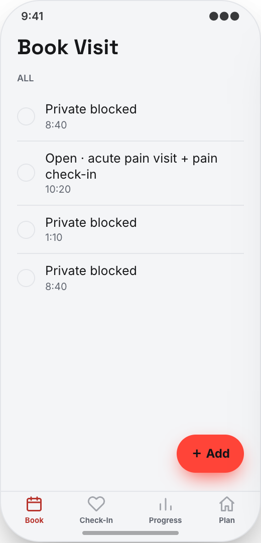 Chiropractic Clinic prototype showing Fast relief booking