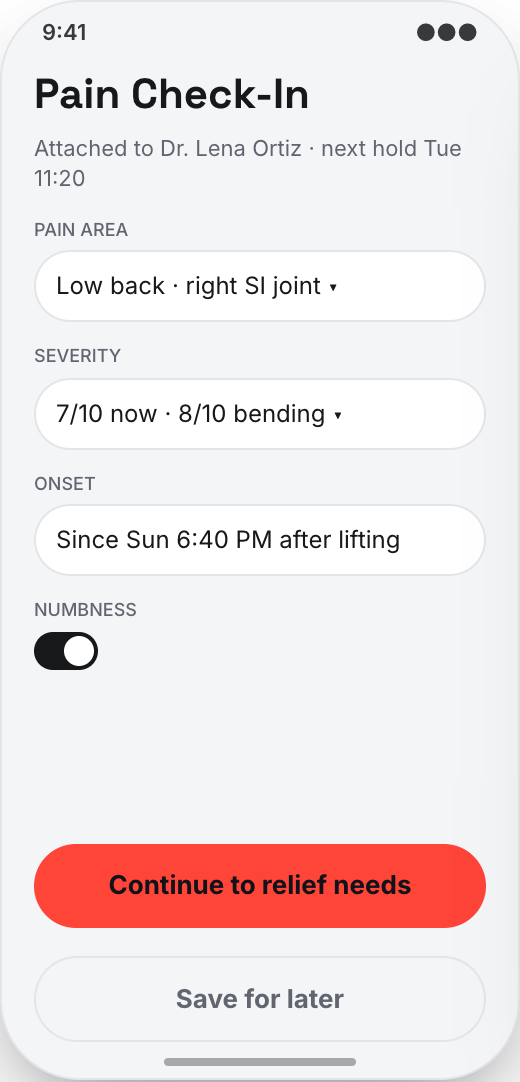 Chiropractic Clinic prototype showing Pain check-in before arrival
