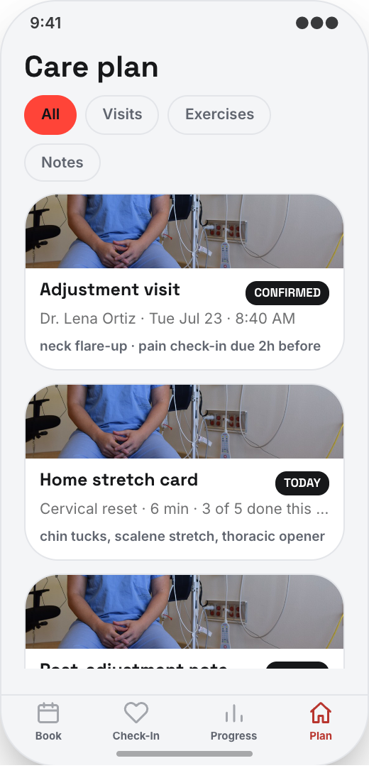 Chiropractic Clinic prototype screen showing Care plan in their pocket
