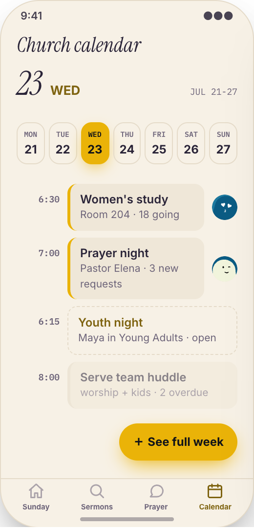 Church & Ministry prototype screen showing Prayer Care