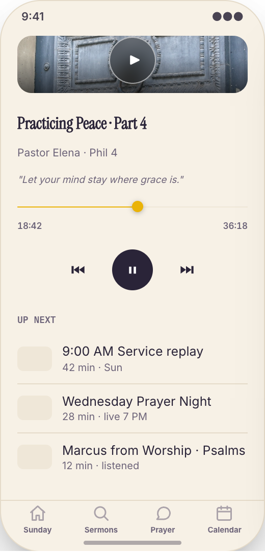 Church & Ministry prototype screen showing Church Calendar