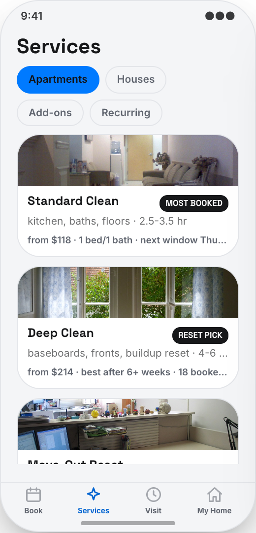 Home Cleaning Service prototype showing Service types