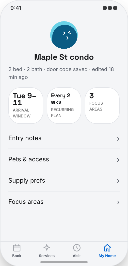Home Cleaning Service prototype screen showing Cleaner assignment