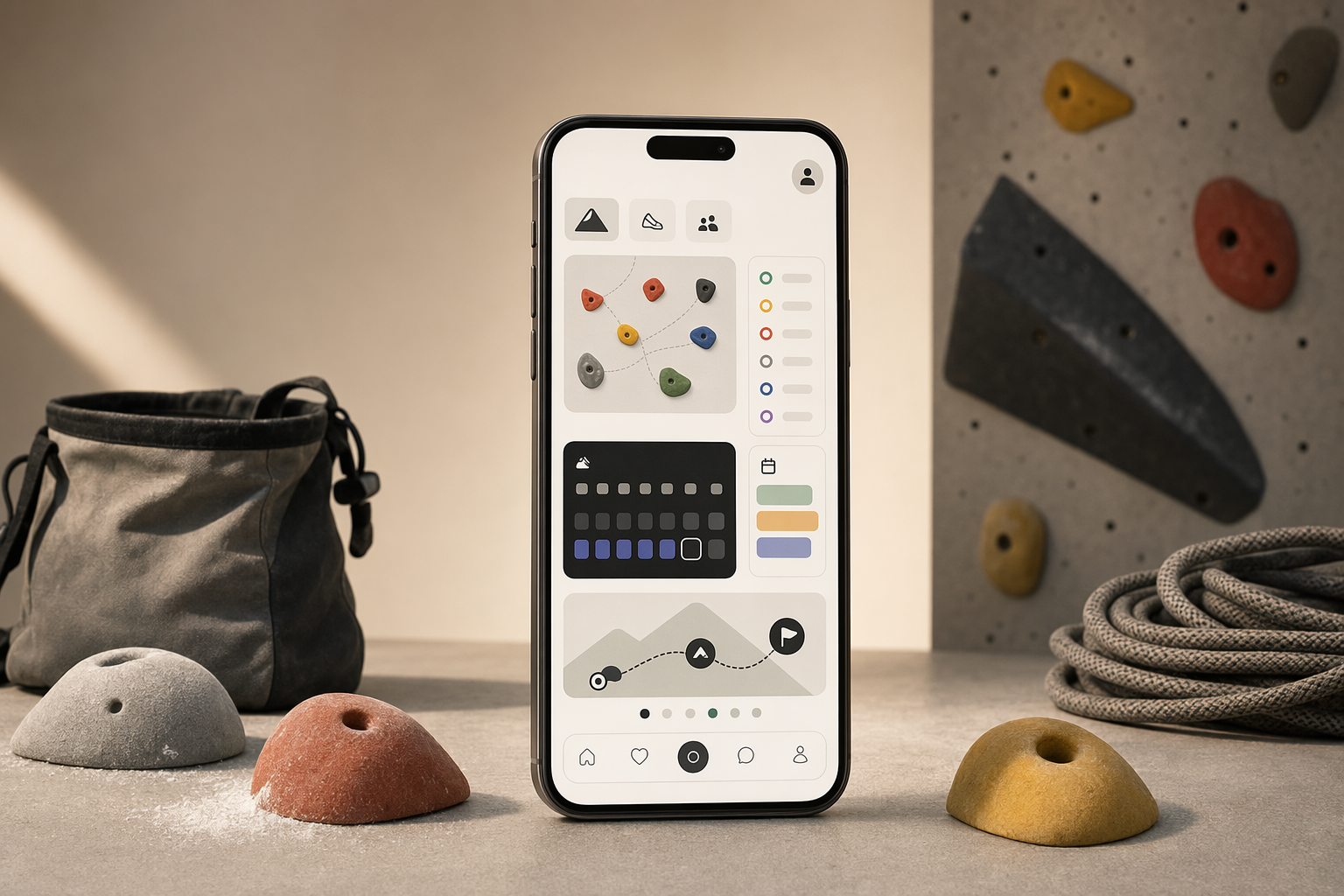 Climbing gym app shown on a phone next to climbing equipment