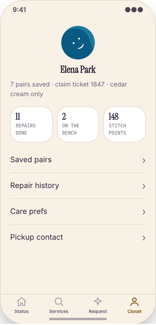 Cobbler & Shoe Repair Shop prototype screen showing Estimate notes