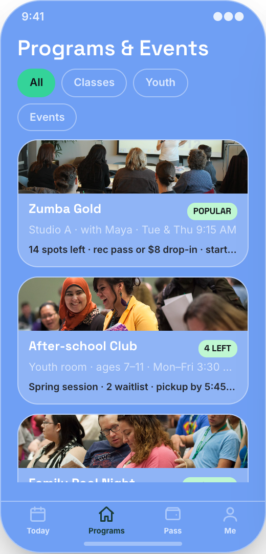 Community Center prototype showing Programs & Events
