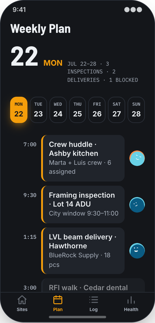 Construction Firm prototype showing Weekly Plan