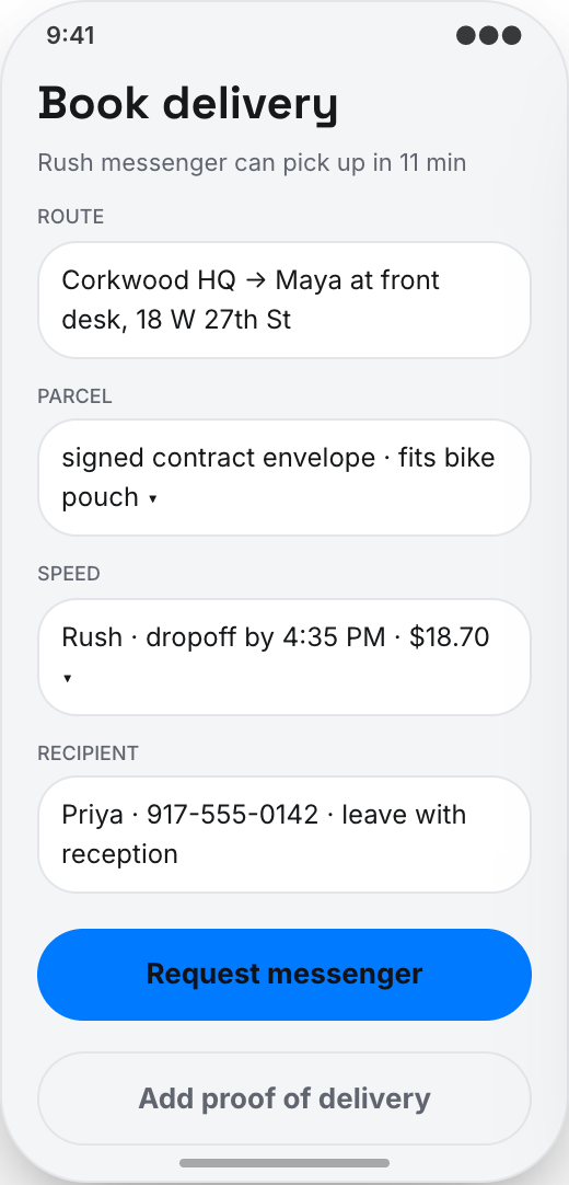 Courier Service prototype showing Package size and speed choices