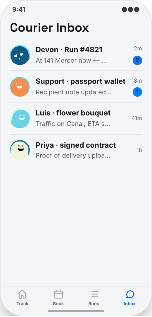 Courier Service prototype screen showing Courier Inbox