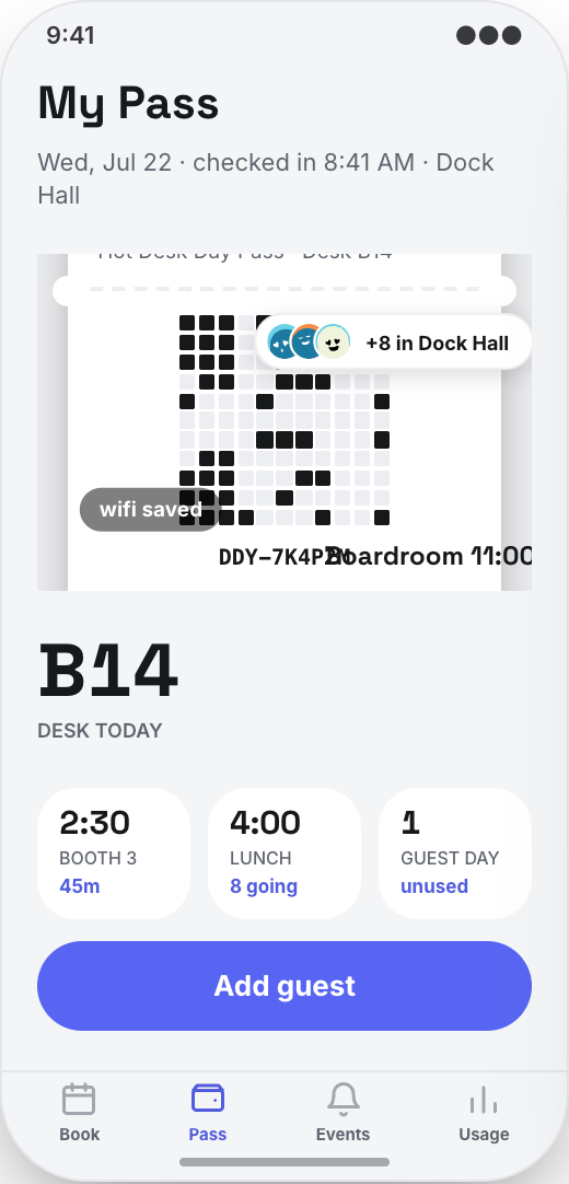 Coworking Space prototype showing Meeting room credits